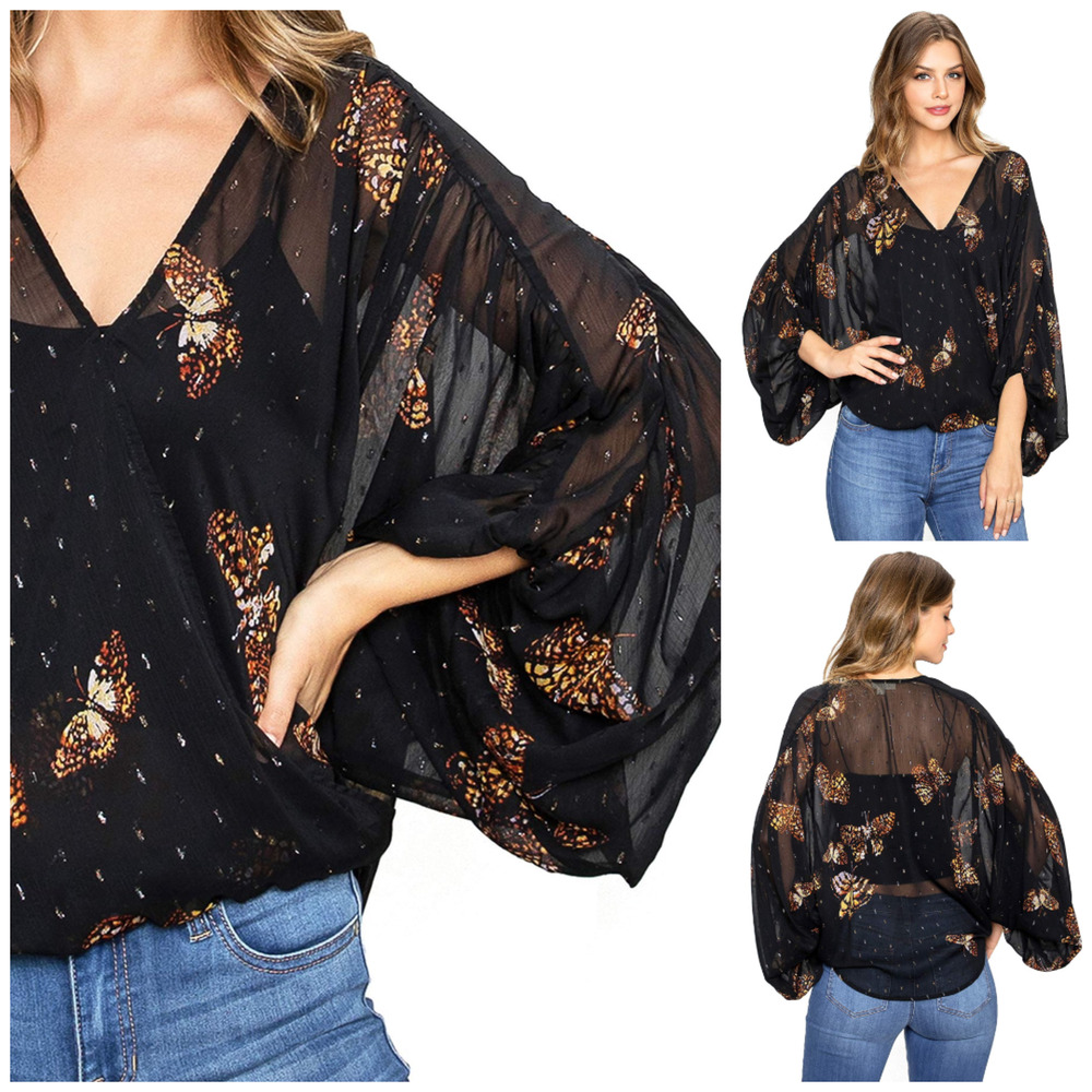 Y2k Black Sheer Blouse M Butterflies Long Bell Sleeves Whimsigoth Fairygoth Boho